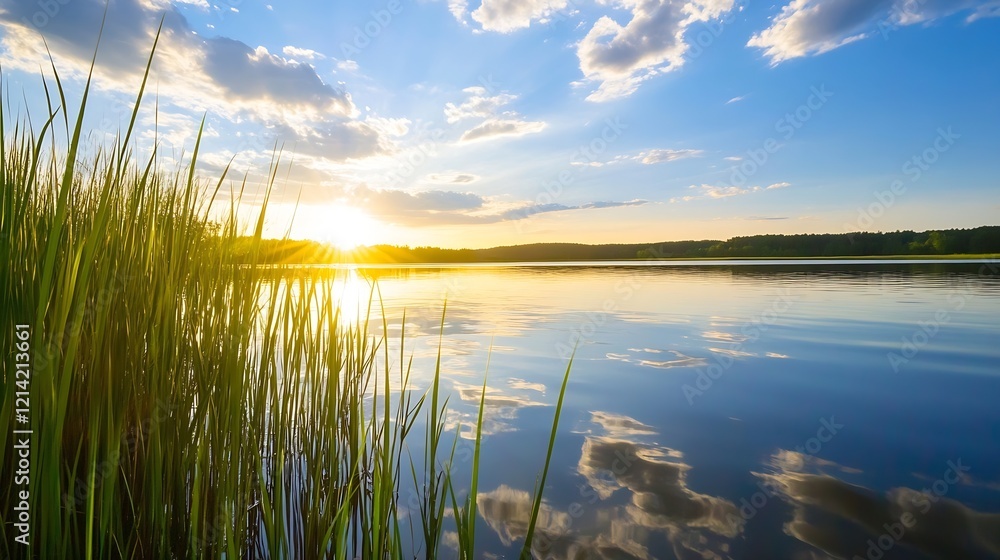 Sunset Reflected on Tranquil Lake with Majestic Clouds and Lush Grass in Peaceful Setting Sunset Reflected on Tranquil Lake with Majestic Clouds and Lush Grass in Peaceful Setting