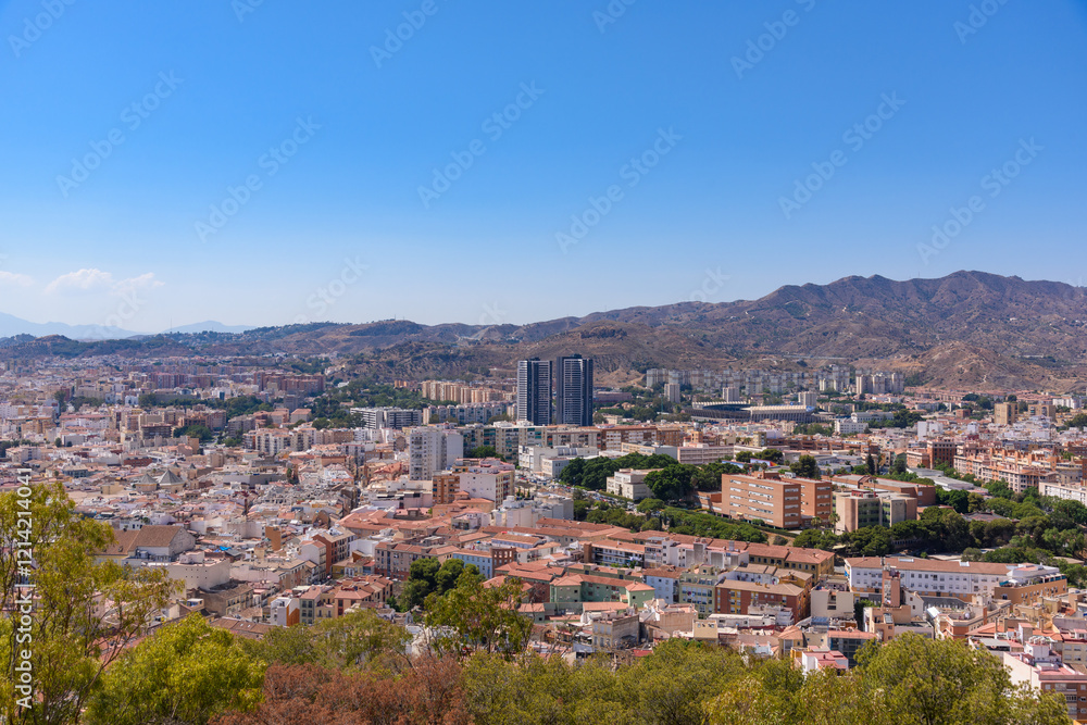 Malaga, Spain - August 06, 2024: Views of the city Malaga from the Gibralfaro Castle in the city of Malaga, Andalusia. Spain