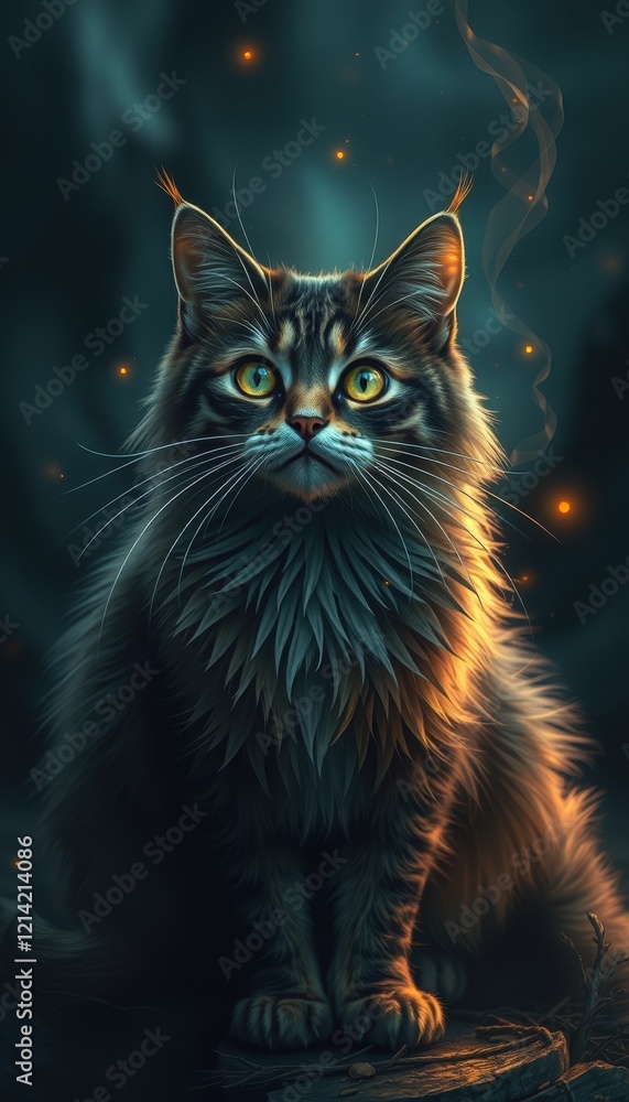 Obraz premium A Maine Coon Cat with Golden Eyes in a Dark Forest