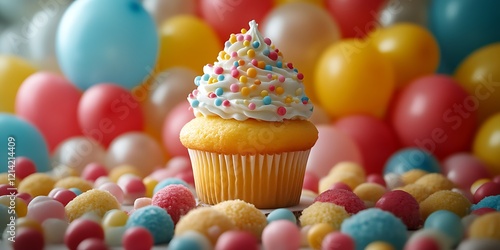 Festive cupcake with sprinkles surrounded by colorful balloons and candies.