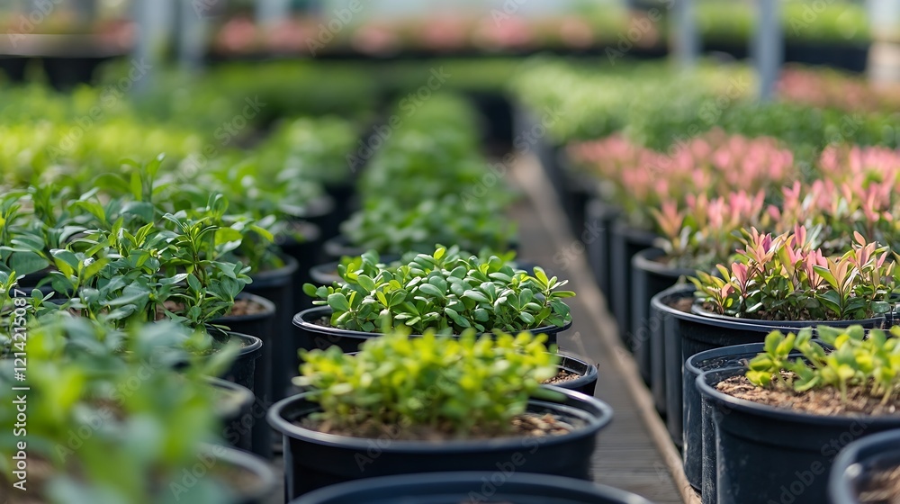Vibrant Greenhouse Plant Nursery With Rows of Lush Green Plants : Generative AI Vibrant Greenhouse Plant Nursery With Rows of Lush Green Plants : Generative AI