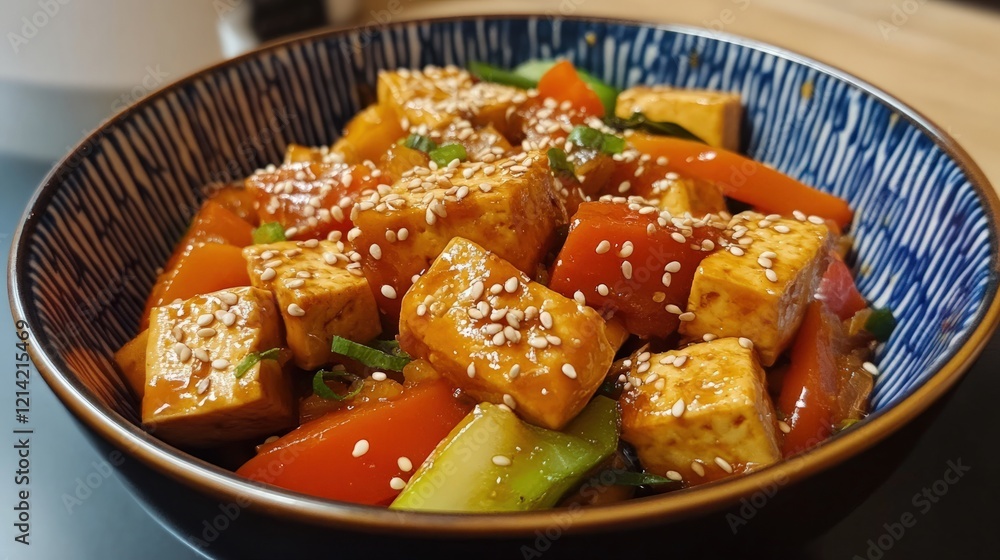 A quick tofu stir-fry with mixed vegetables, sesame seeds, and a light soy-ginger sauce, served in a traditional wok-style bowl A quick tofu stir-fry with mixed vegetables, sesame seeds, and a light soy-ginger sauce, served in a traditional wok-style bowl