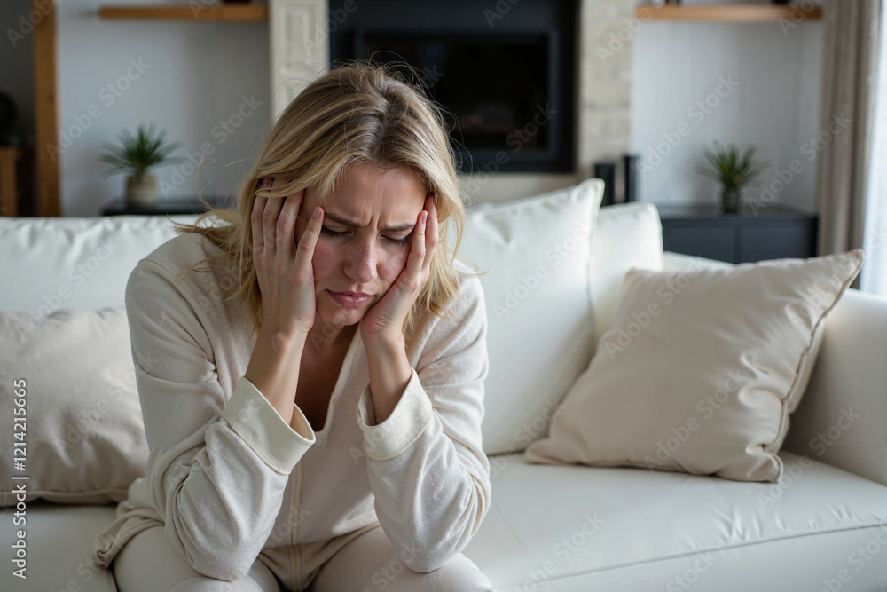 Headache, migraine attack. Girl sitting on the couch with a headache. Headache, migraine attack. Girl sitting on the couch with a headache.