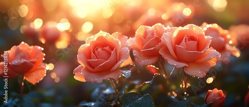 Dew-kissed peach roses in sunset.