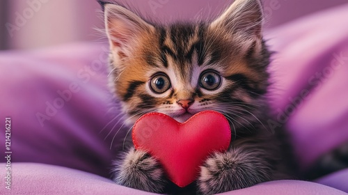 Adorable fluffy kitten with a playful and charming expression, surrounded by red hearts. Perfect for Valentine’s Day, celebrating love and tenderness. 