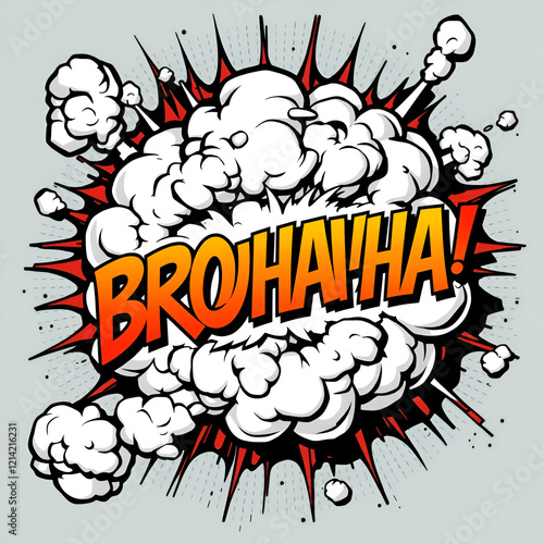 Brouhaha. Explosion in comic style with lettering and realistic puffs smoke. 3D vector pop art speech bubble. CMYK photo