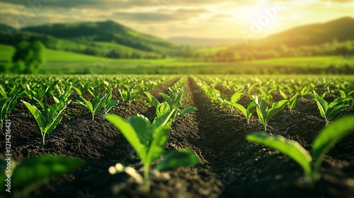 Rows of green crops stretch across a vast rural farmland, symbolizing growth and the cycle of nature in agriculture.