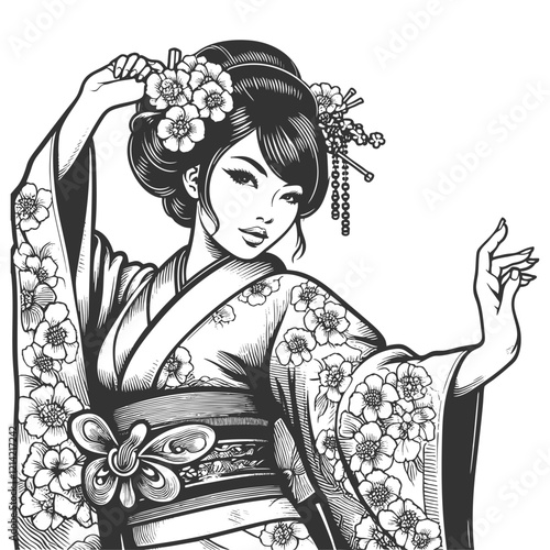 geisha in a floral-patterned kimono, asian woman sketch engraving generative ai fictional character vector illustration. Scratch board imitation. Black and white image.