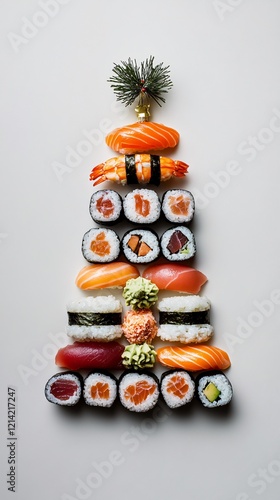 Festive sushi platter featuring rolls with fresh fish, shrimp, and seafood, arranged in a Christmas tree shape