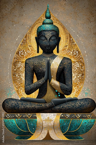 Golden Buddha statue sits serenely in meditation, symbolizing faith, spirituality