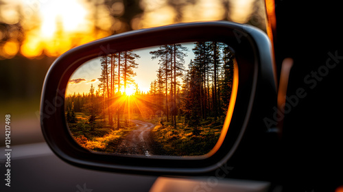 Rückblick auf eine kurvige Waldstraße im Autospiegel bei goldenem Sonnenuntergang  
