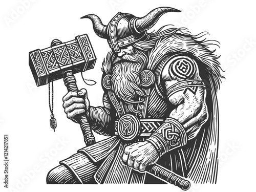 Viking warrior in horned helmet and armor, holding a massive ornate hammer with a strong stance sketch engraving generative ai vector illustration. Scratch board imitation. Black and white image.