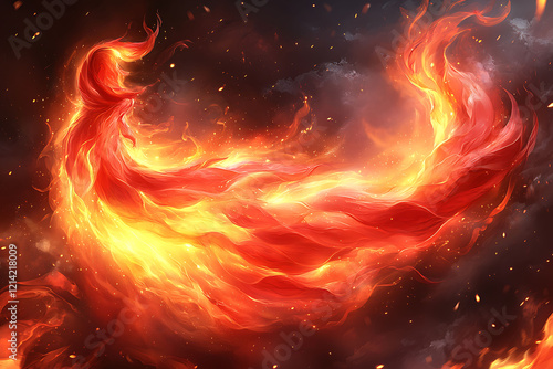 Dramatic fiery artwork, resembling flowing fabric or hair, set against a dark, smoky background.  Perfect for fantasy, energy, power, or passionthemed projects. photo