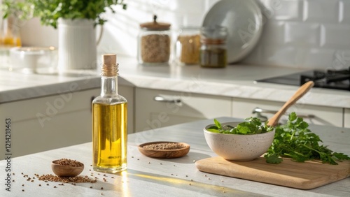 A minimalist kitchen counter serves as the backdrop for a small clear bottle of flaxseed oil its design contemporary and elegant. The reflection of sunlight creates ripples