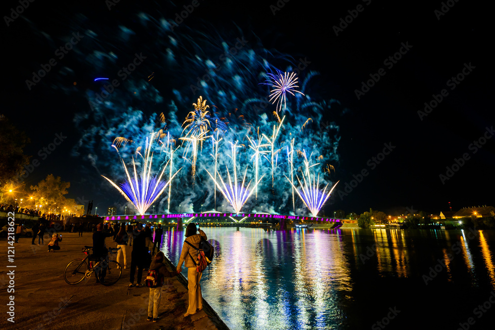 Novi Sad, Serbia - October 23, 2024: Fireworks in Novi Sad, Serbia. Fireworks on the occasion of the liberation of the city 1944.