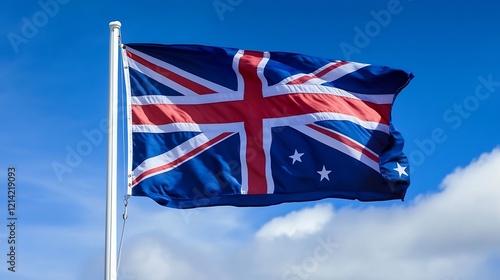 New Zealand National Flag Waving Against a Bright Blue Sky Backdrop : Generative AI photo