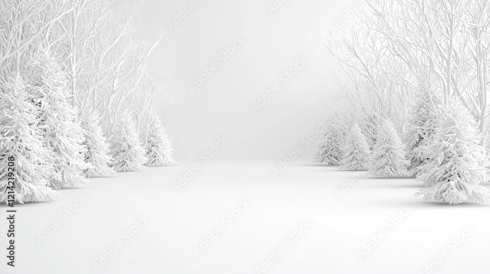 Fototapeta premium Snow-covered pine trees line a serene winter forest clearing under bright, soft daylight.