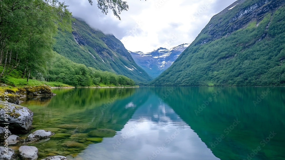 Serene Lake with Reflective Water and Majestic Mountain Views : Generative AI Serene Lake with Reflective Water and Majestic Mountain Views : Generative AI