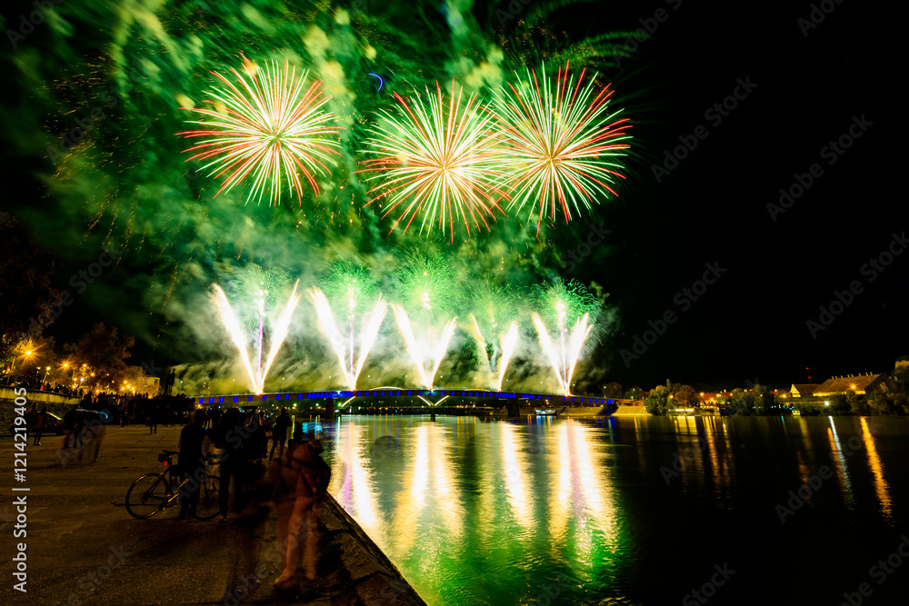 Novi Sad, Serbia - October 23, 2024: Fireworks in Novi Sad, Serbia. Fireworks on the occasion of the liberation of the city 1944.