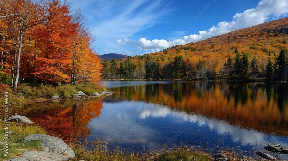 Stunning Autumn Landscape with Vibrant Foliage Reflecting Over Serene Lake Under Blue Sky : Generative AI Stunning Autumn Landscape with Vibrant Foliage Reflecting Over Serene Lake Under Blue Sky : Generative AI