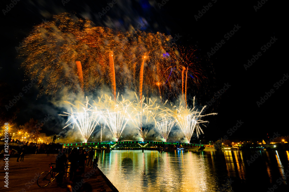 Novi Sad, Serbia - October 23, 2024: Fireworks in Novi Sad, Serbia. Fireworks on the occasion of the liberation of the city 1944.