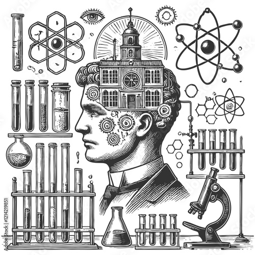 man profile with gears, a building, scientific tools, atoms, and laboratory equipment, knowledge and innovation sketch engraving generative ai vector illustration. Scratch board. Black and white.