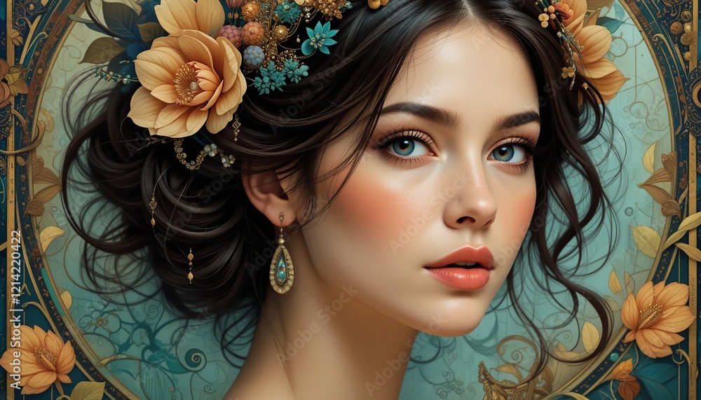 Enchanted Beauty: A mesmerizing portrait of a captivating woman adorned with a delicate floral crown and intricate jewels, evoking a timeless air of ethereal elegance and enchanting allure. Enchanted Beauty: A mesmerizing portrait of a captivating woman adorned with a delicate floral crown and intricate jewels, evoking a timeless air of ethereal elegance and enchanting allure.