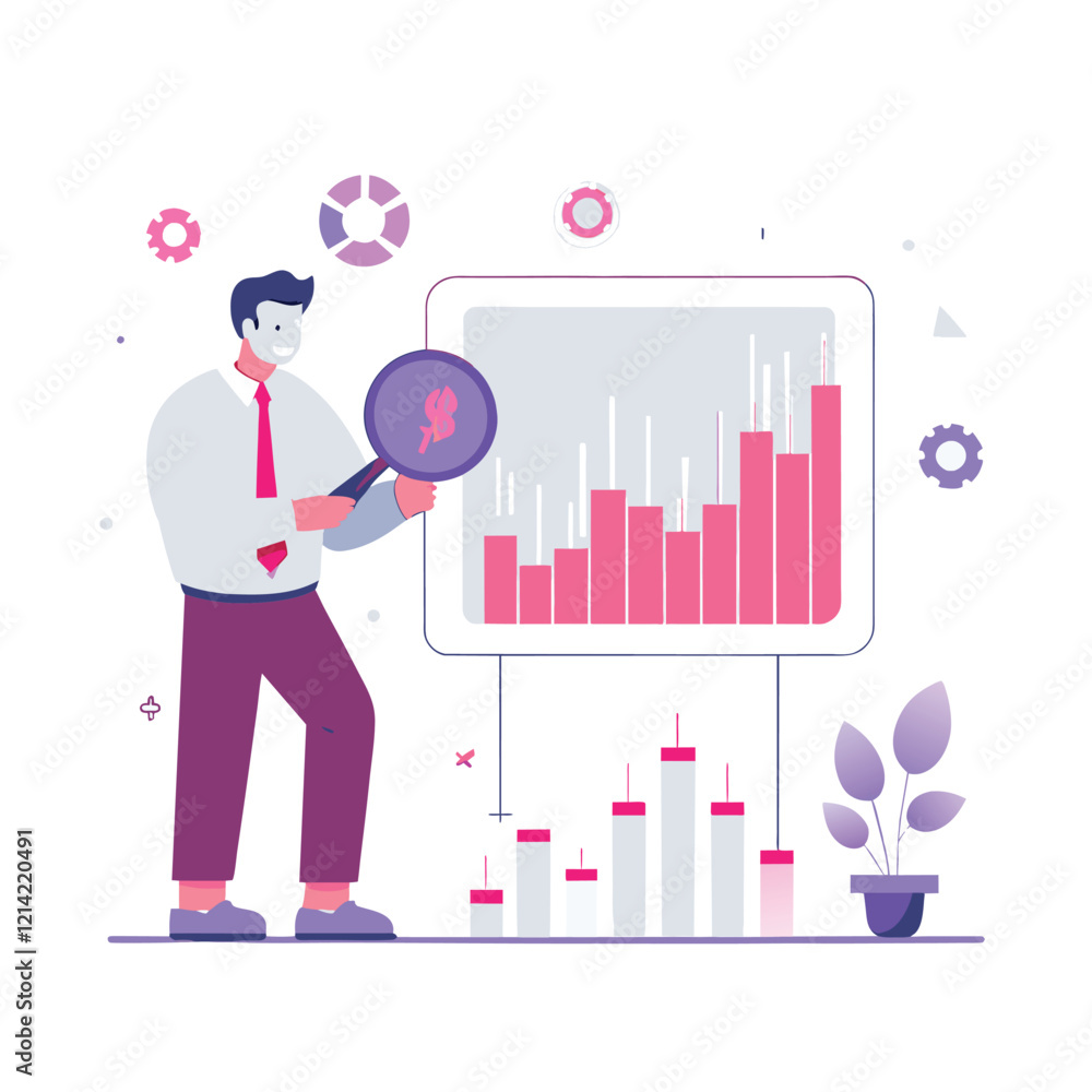 Businessman Examining Growth Chart with Magnifying Glass Businessman Examining Growth Chart with Magnifying Glass