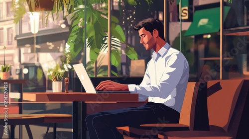 A relaxed businessman working on his laptop in a modern cafe