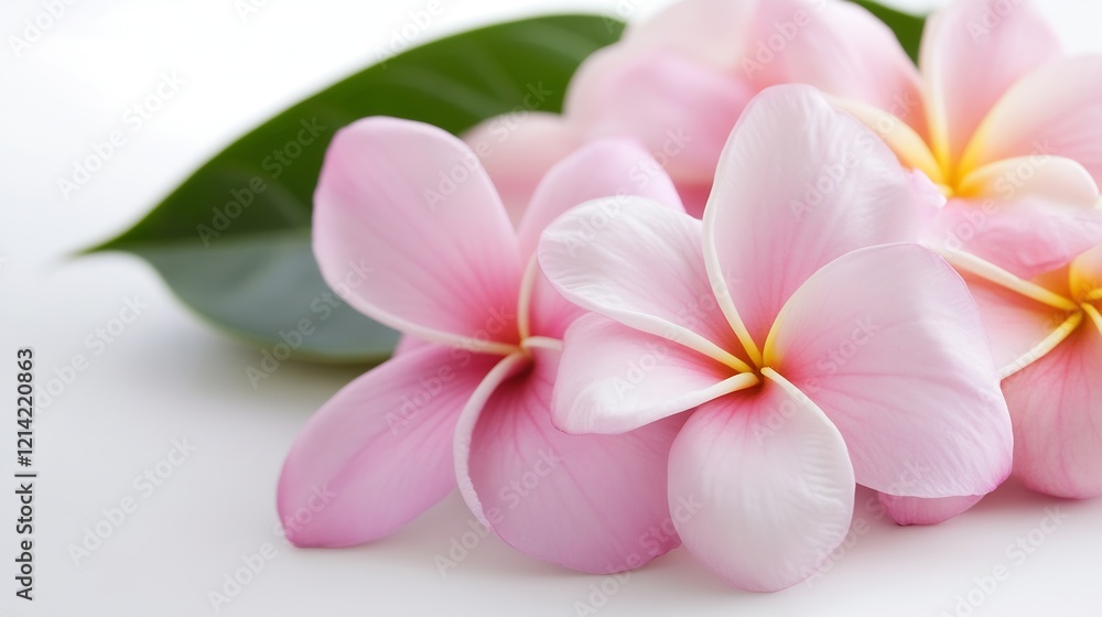 Fototapeta premium Delicate Pink Frangipani Flowers with Leaf on White Background for Spa and Relaxation Concepts : Generative AI