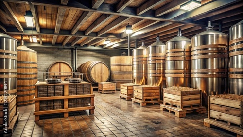 Wallpaper Mural Brewery cellar with wooden crates and fermentation vessels, microbrewery, cold storage, wooden crates, food storage, fermentation equipment Torontodigital.ca