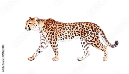 A graceful cheetah strides across a white background, showcasing its agility and beauty in motion photo