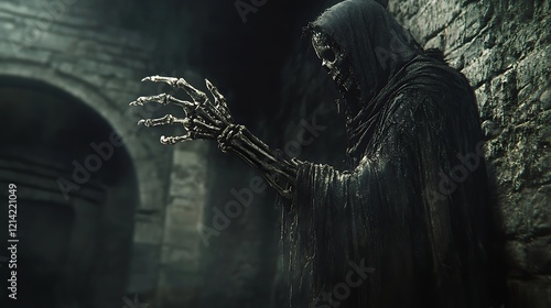 Mysterious reaper in tattered dark robes skeletal hand extended dramatic shadows and an eerie atmosphere photo