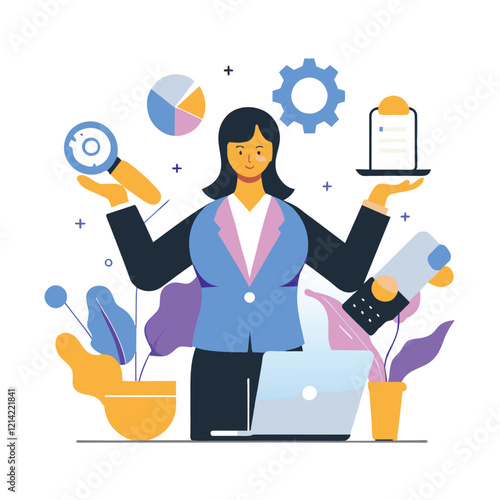 Multitasking businesswoman juggling multiple tasks a vibrant illustration