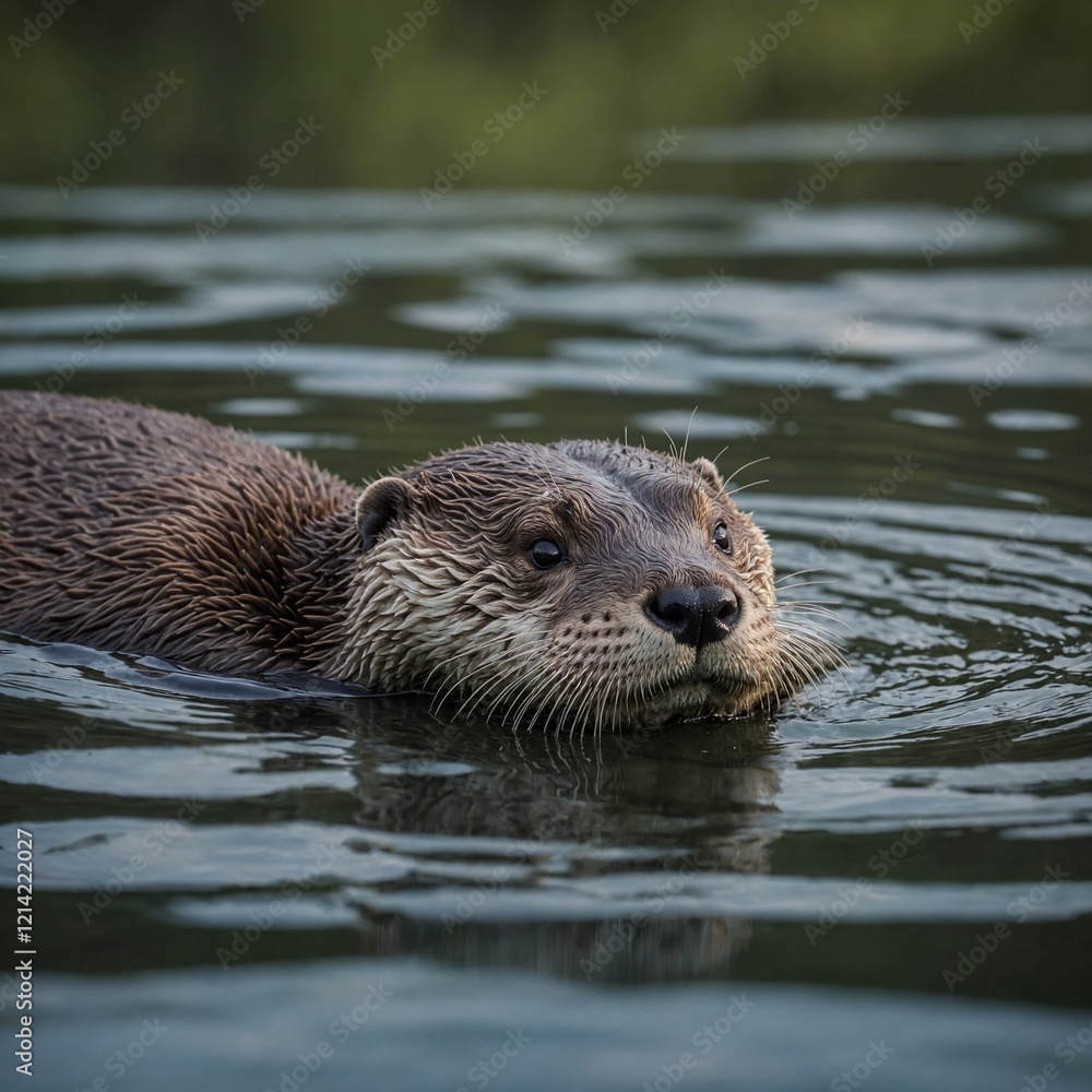 A playful otter floating on its back in a quiet pond. A playful otter floating on its back in a quiet pond.
