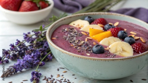 A closeup shot captures the luscious texture of a lavenderinfused smoothie bowl where the velvety surface is elegantly adorned with a sprinkle of lavender flowers and slices photo