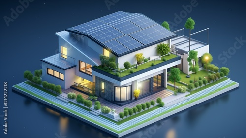 3D rendering isometric smart home in hand, showcasing solar panels, green technology, and sleek architecture