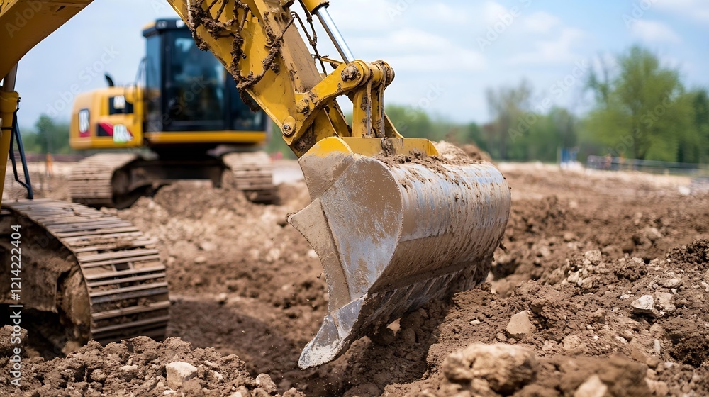 Closeup of a Yellow Excavator Bucket Digging into Rough Terrain : Generative AI Closeup of a Yellow Excavator Bucket Digging into Rough Terrain : Generative AI