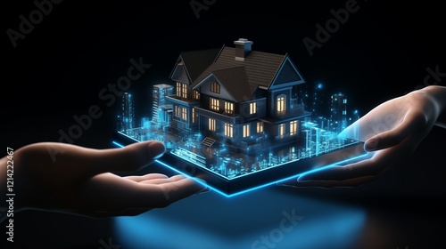 3D rendering isometric smart home in hand, futuristic urban design with tiny glowing windows, dark background