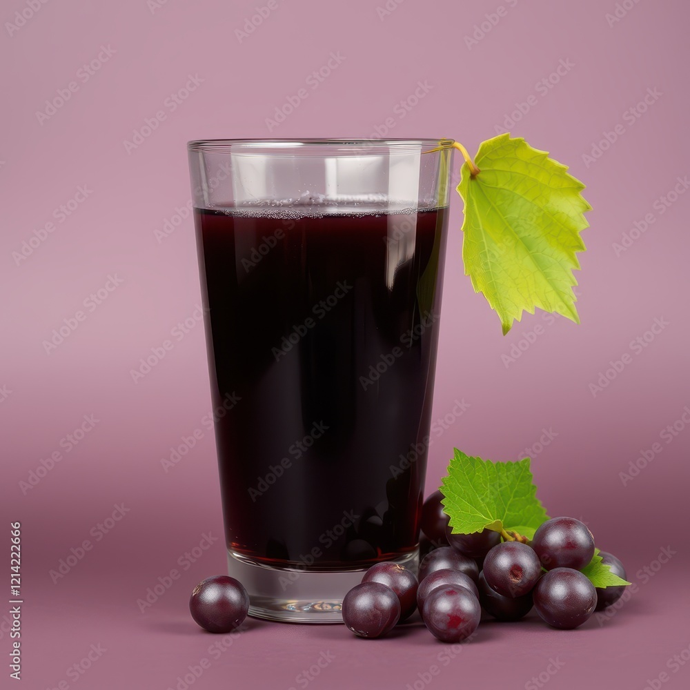 Glass of Grape Juice with Fresh Grapes and Leaves Glass of Grape Juice with Fresh Grapes and Leaves