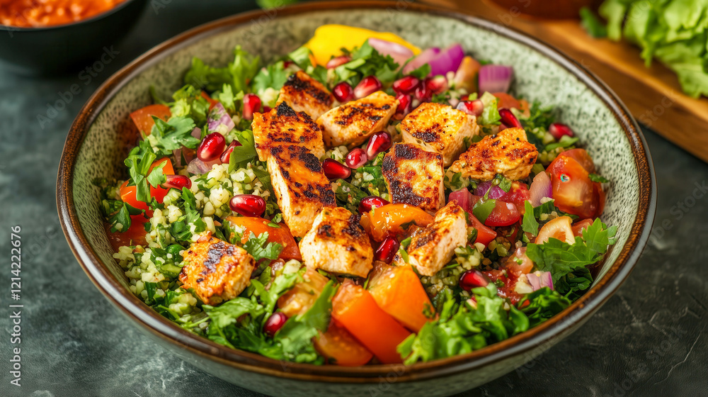 Healthy tabbouleh salad with grilled chicken, pomegranate and fresh herbs Healthy tabbouleh salad with grilled chicken, pomegranate and fresh herbs