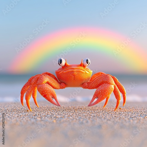 Vibrant red crab on the beach with a rainbow backdrop showcasing a vibrant red crab scene for vibrant red crab beach-themed art photo