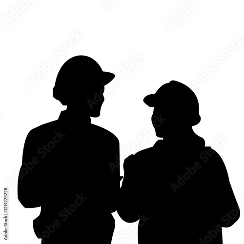 silhouette of female and male architects using safety helmet looking at a building project