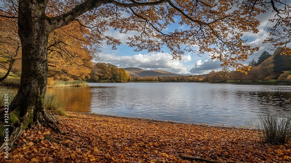 Fototapeta premium Serene Autumn Lake View with Vibrant Leaves and Reflective Water Surface : Generative AI