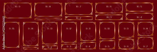 Asian frames set gold line, thin luxury borders of rectangular shape, different format