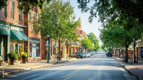 Fototapeta Naklejka Na Ścianę i Meble -  A street view of downtown Independence, Missouri, with historical buildings and local shops lining the street.