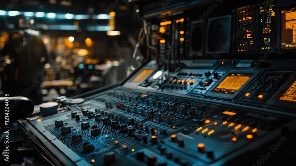 A high-tech mixing board with glowing sliders, knobs, and digital displays in a dark studio A high-tech mixing board with glowing sliders, knobs, and digital displays in a dark studio