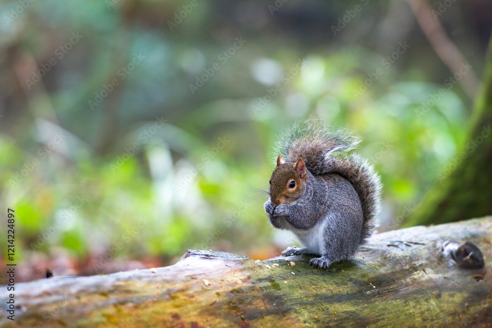 Fototapeta premium A beautiful grey squirrel on a woodland log. Good copy space.