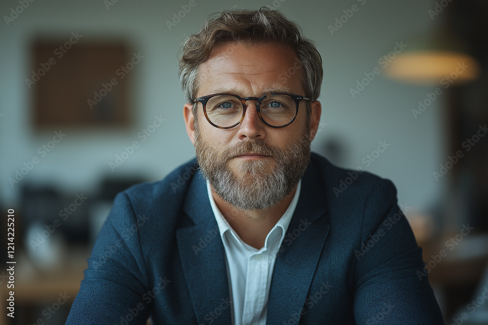 Portrait of a smiling man in a suit with a beard and glasses, seated at a modern office desk with arms crossed, featuring a computer and plants in a well-lit, professional workspace setting
Portrait of a smiling man in a suit with a beard and glasses, seated at a modern office desk with arms crossed, featuring a computer and plants in a well-lit, professional workspace setting
