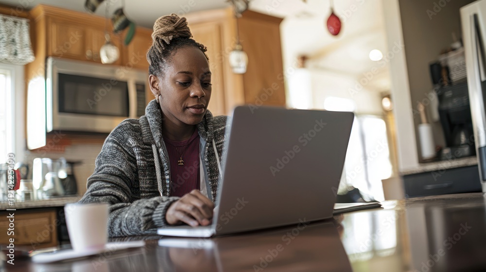 custom made wallpaper toronto digitalA student working on their laptop at a kitchen table, attending an online course in a comfortable home setting.
